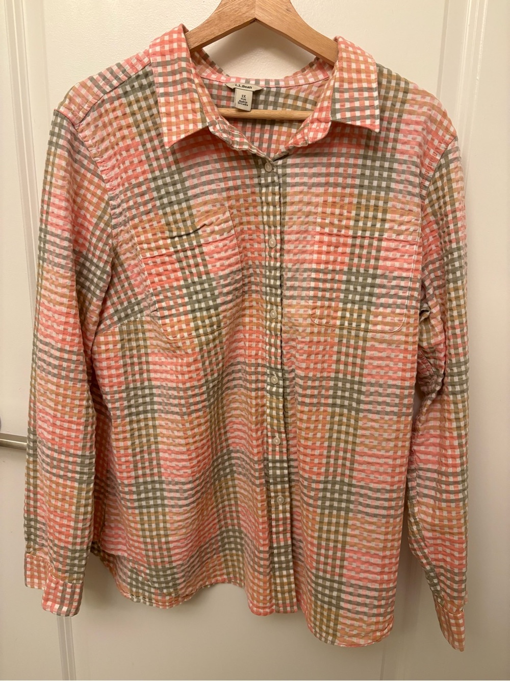 L.L. Bean Vacationland Seersucker Shirt Sz 1X Plaid Button Up 100% Cotton